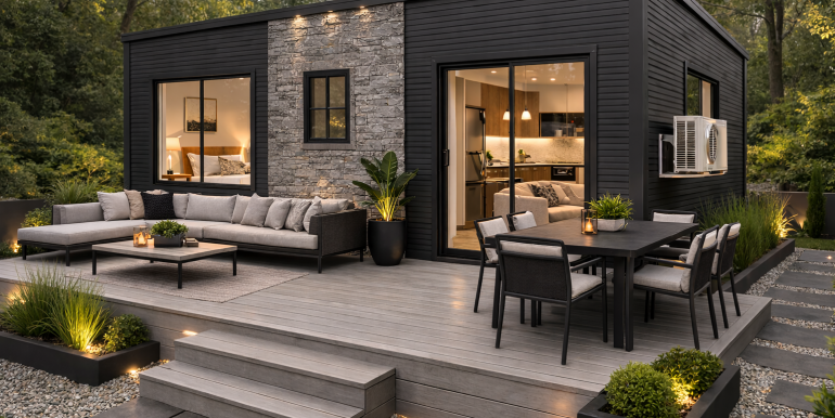 Modern tiny house with evening ambiance