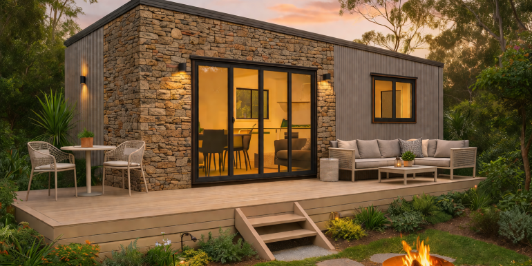Tiny Home and Garden at Dusk